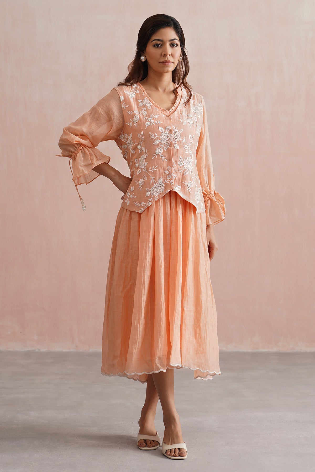 Buy Peach Midi Dress & Waistcoat for women online available at Scrollnshops